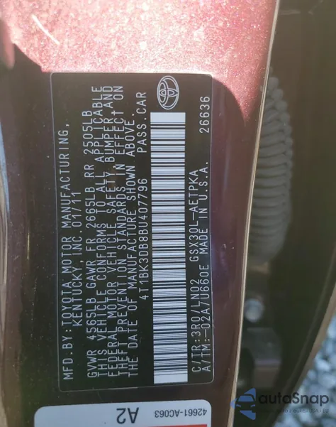 2011 Toyota Avalon Base from USA, damaged, VIN 4T1BK3DB8BU407796